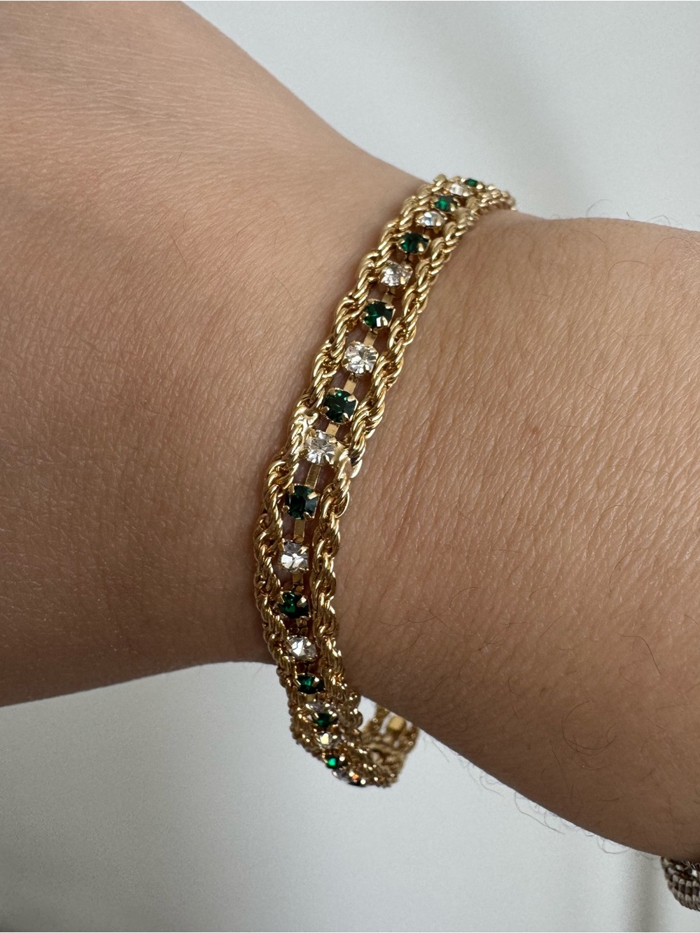 Vintage Gold Tone Green and White CZ Rope Edge Tennis Style Bracelet ~7” (Read!)